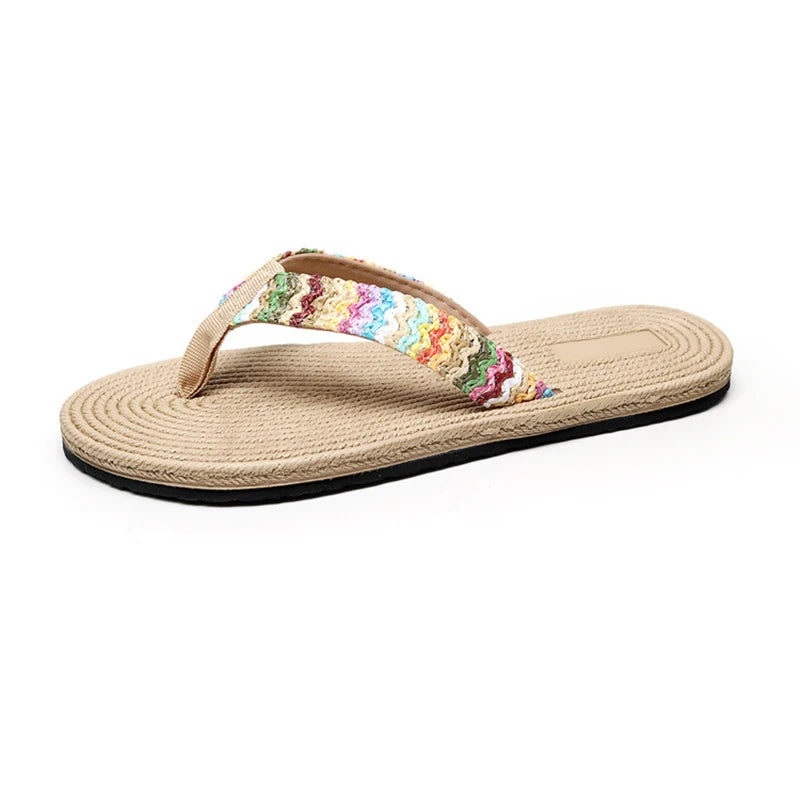 Verão tecido flip-flops para mulheres moda casual plana antiderrapante