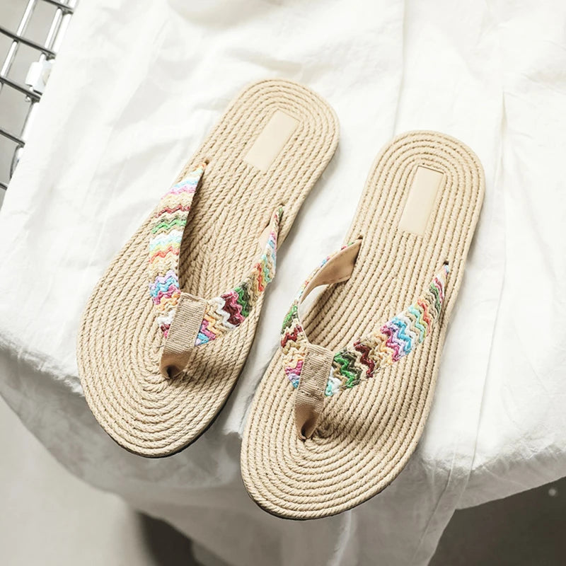 Verão tecido flip-flops para mulheres moda casual plana antiderrapante