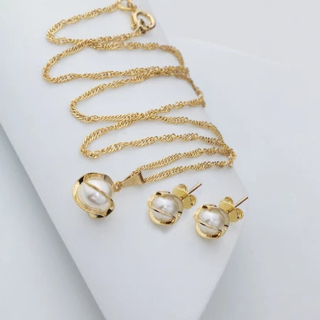 Conjunto Colar E Brinco Com Pingente de Pérola Folheado A Ouro 18k Ótima Opção De Presente