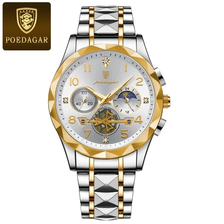 Relógio Masculino De Quartzo Luminoso POEDAGAR Homem Moda Original Cronógrafo Esportivo De Mutifução De Aço Inoxidável