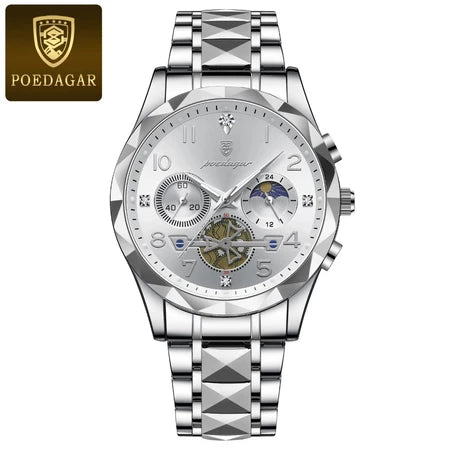Relógio Masculino De Quartzo Luminoso POEDAGAR Homem Moda Original Cronógrafo Esportivo De Mutifução De Aço Inoxidável