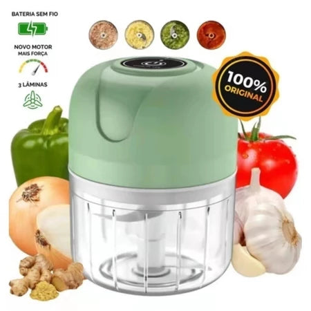 Mini Processador Elétrico de Alimentos Portátil com 3 lâminas de aço inox USB 250 ml Bivolt