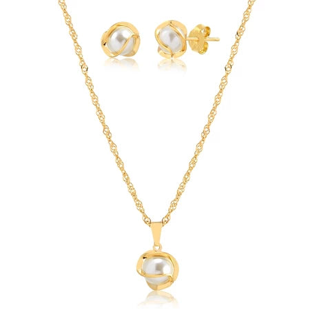 Conjunto Colar E Brinco Com Pingente de Pérola Folheado A Ouro 18k Ótima Opção De Presente